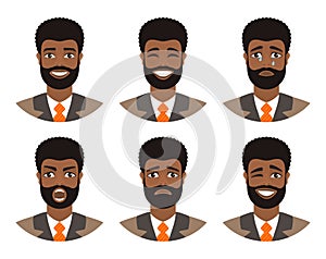 Set of mens avatars expressing various emotions: joy, sadness, laughter, tears, anger, disgust, cry.