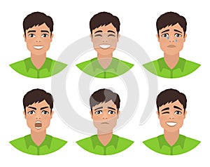 Set of mens avatars expressing various emotions: joy, sadness, laughter, tears, anger, disgust, cry.