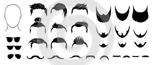 Set of mens hairstyles, beards, mustaches and glasses photo