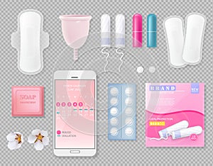 Set of Menstrual cycle products with sanitary napkin, cup, tampons, soap, pills, package with place for brand and flowers