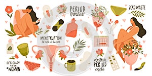 Set of menstruation, period, female uterus, reproductive system stickers. Zero waste objects. Women with flowers