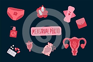 A set of menstruation vectors. Illustration of the female menstrual period. With elements of hygiene products, tampons