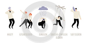 Set of mental health conceptual illustrations. People suffering from personality and sleep disorders, anxiety and obsessive