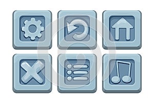 Set menu ui buttons on stone block in comic cartoon style, game design element, interface object isolated on white