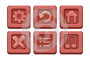 Set menu ui buttons on stone block in comic cartoon style, game design element, interface object isolated on white