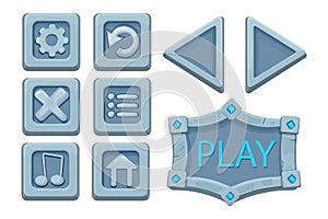 Set menu ui buttons on stone block in comic cartoon style, game design element, interface object isolated on white