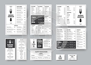 Set of menus for cafes and restaurants in the classic white style with division into blocks