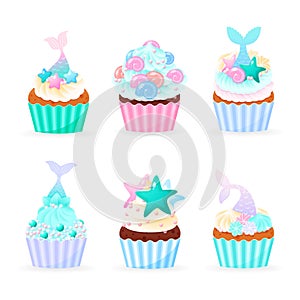 Set of 6 cartoon cupcake icons