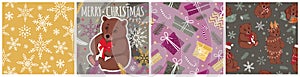 Set of Merry Christmas cards and seamless patterns with cute bears and winter elements.