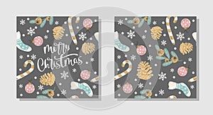 Set of Merry Christmas gift cards with lettering and hand-drawn elements