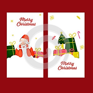 Set of Merry Christmas Greeting Card or Template Design with Cute Santa Claus Character, Xmas Tree and Gift Boxes in White