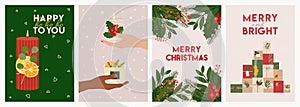 Set of Merry Christmas greeting cards with candles, hands, gifts, greenery and lettering wishes. New Year, Christmas templates.