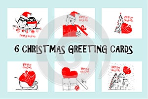 Set of Merry Christmas greeting cards hand drawn with black and red ink pens for loving holidays