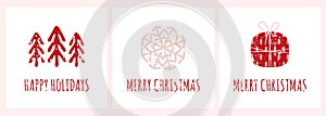 Set of Merry Christmas and Happy holidays greeting cards in Scandinavian style. Trendy vector design