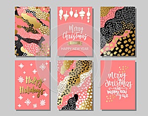 Set of Merry Christmas and Happy New Year card template. Hand drawn textures, lettering.