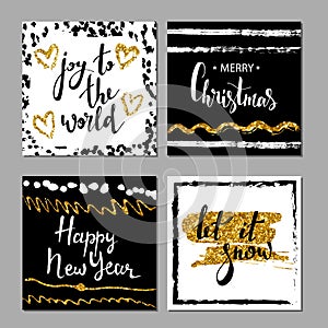 Set of Merry Christmas and Happy New Year card template. Hand drawn textures, lettering. Gold tinsel, black, white colors. Holiday