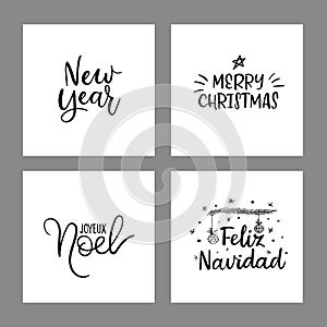 Set of Merry christmas and Happy New Year cards. Modern calligraphy. Hand lettering for greeting cards, photo overlays