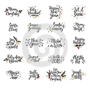 Set of Merry christmas and Happy New Year cards. Modern calligraphy. Hand lettering for greeting cards, photo overlays