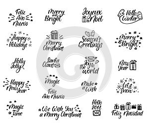 Set of Merry christmas and Happy New Year cards. Modern calligraphy. Hand lettering for greeting cards, photo overlays