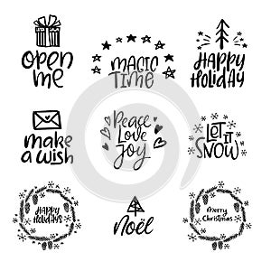 Set of Merry christmas and Happy New Year cards. Modern calligraphy. Hand lettering for greeting cards, photo overlays