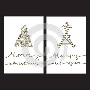 Set of Merry Christmas, Happy New Year cards with text and tree. Two designs for wallpapers, invitations, prints, greeting cards.