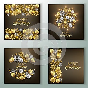 Set of Merry Christmas and Happy New Year decorative banners, shiny baubles glitter on snowflakes background, vector illustration