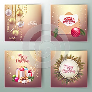 Set of Merry Christmas and Happy New Year decorative postcard banners, decorative traditional elements, baubles, gift boxes, fir