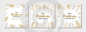 Set of Merry Christmas and happy New Year greeting cards with floral elements. Hand drawn vector illustration