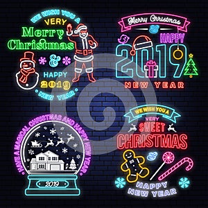 Set of Merry Christmas and Happy New Year neon sign with snowman and Santa Claus, snowflakes, christmas snow globe