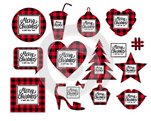 Set Merry Christmas and Happy New Year shaped cards checkered texture is black with red. Lettring inscription . Vector