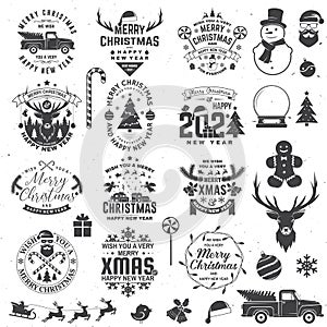Set of Merry Christmas and 2021 Happy New Year stamp sticker Set quotes with snowflakes, snowman, santa claus, candy