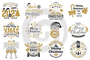 Set of Merry Christmas and Happy New Year stamp, sticker set with snowflakes, hanging christmas ball, santa hat, candy.
