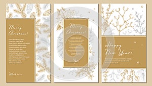 Set of Merry Christmas and Happy New Year vertical greeting cards with hand drawn golden botany elements. Vector illustration in