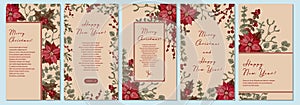 Set of Merry Christmas and Happy New Year vertical greeting cards with hand drawn poinsettia flowers and mistletoe brunches.