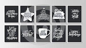 Set with Merry Christmas and Happy New Year vintage gift tags and cards with calligraphy. Handwritten lettering. Hand