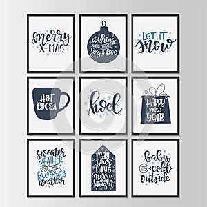 Set with Merry Christmas and Happy New Year vintage gift tags and cards with calligraphy. Handwritten lettering. Hand