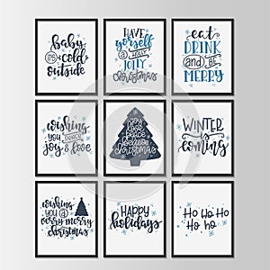 Set with Merry Christmas and Happy New Year vintage gift tags and cards with calligraphy. Handwritten lettering. Hand