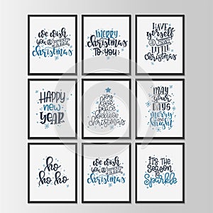 Set with Merry Christmas and Happy New Year vintage gift tags and cards with calligraphy. Handwritten lettering. Hand