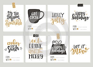 Set with Merry Christmas and Happy New Year vintage gift tags and cards with calligraphy. Handwritten lettering. Hand