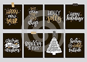 Set with Merry Christmas and Happy New Year vintage gift tags and cards with calligraphy. Handwritten lettering. Hand