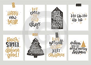 Set with Merry Christmas and Happy New Year vintage gift tags and cards with calligraphy. Handwritten lettering. Hand