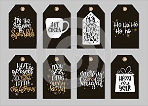 Set with Merry Christmas and Happy New Year vintage gift tags and cards with calligraphy. Handwritten lettering. Hand