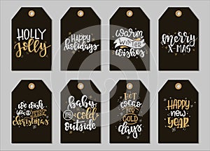 Set with Merry Christmas and Happy New Year vintage gift tags and cards with calligraphy. Handwritten lettering. Hand