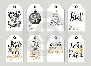 Set with Merry Christmas and Happy New Year vintage gift tags and cards with calligraphy. Handwritten lettering. Hand