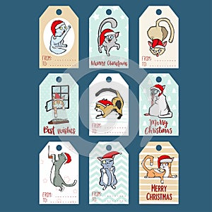 Set with Merry Christmas and Happy New Year vintage gift tags and cards with calligraphy. Handwritten lettering. Hand