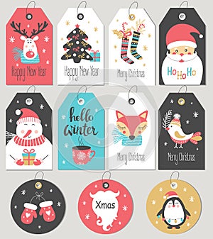 Set of Merry Christmas and New Year gift tags and cards.