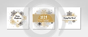 Set of Merry Christmas and New Year greeting cards with beautiful golden snowflakes on white background. Frame with space for text