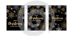 Set of Merry Christmas and New Year vertical greeting cards with beautiful golden snowflakes on black background. Frame with space