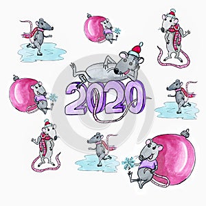 Set of Merry Christmas rats painted in watercolor for 2020. Symbol of chinese new year. Year of the Rat 2020