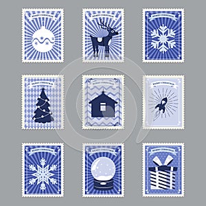 Set Merry Christmas retro postage stamps with Christmas tree, gifts, deer and snowflakes. Vector illustration isolated